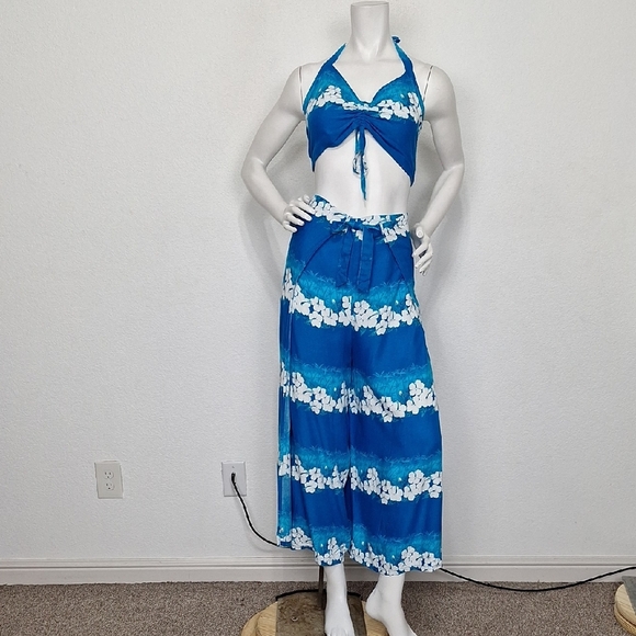Hibiscus Collection Hawaii Blue White Floral Palm Tree Adjustable Top & Pant S-L - Picture 1 of 13